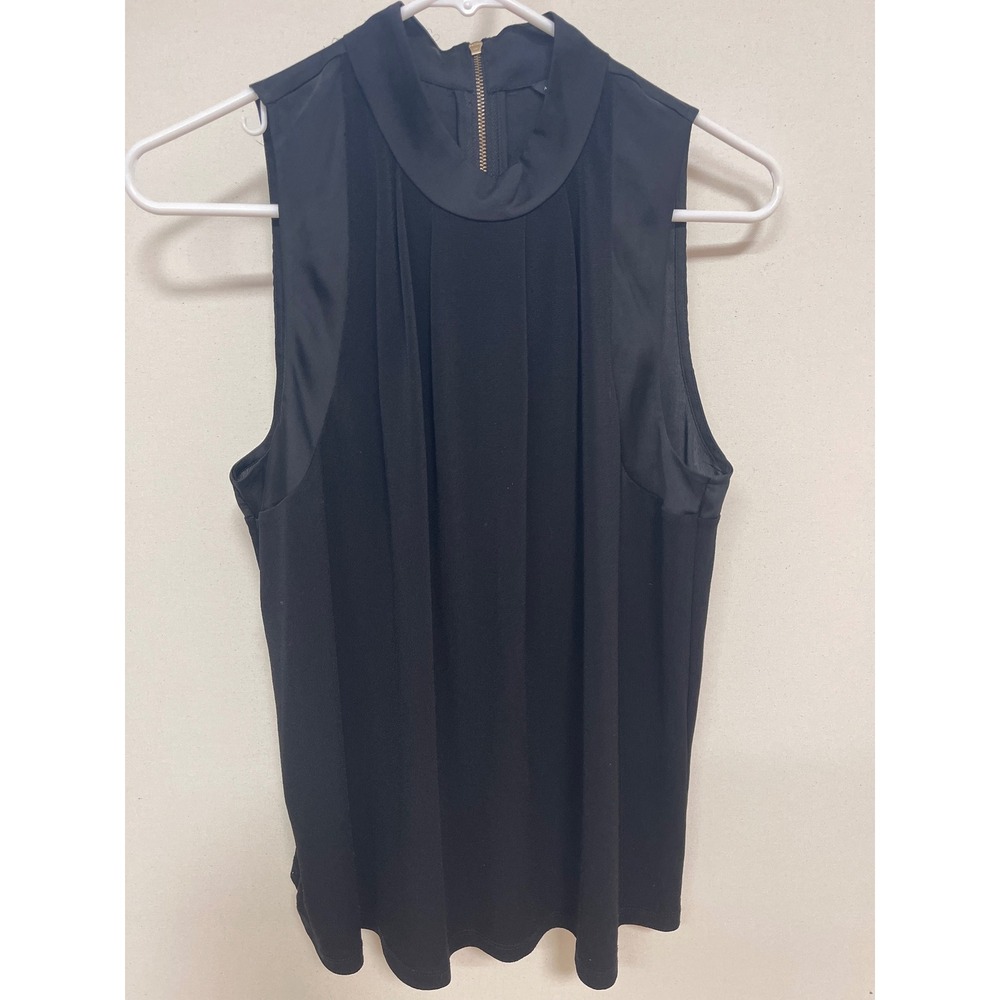 Ann Taylor Black Mock Neck Pleated Sleeveless Blouse Gold Back Zip Small